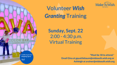 Wish granter training graphic for Sunday September 22 virtual training. 