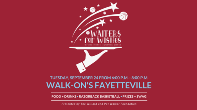 Waiters for wishes event graphic on cardinal red background with Tuesday September 24 date and location 