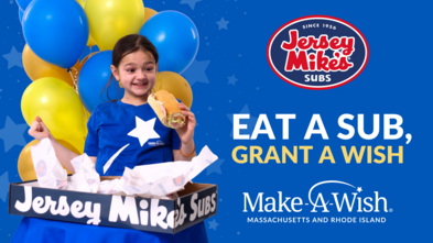 A wish child enjoying a Jersey Mike's sub with the Jersey Mike's and Make-A-Wish logos alongside her in the design