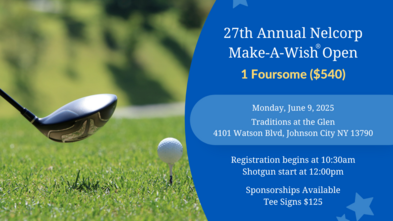 Nelcorp Open Save the Date card with golf club and blue block with white text