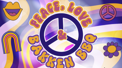 An image that reads "Peace, Love, Bakken BBQ" in a 70s theme