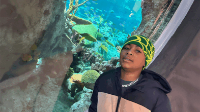 Messiah in front of fish tank