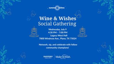 blue background with summer illustrations and Wine & Wishes Plano event information