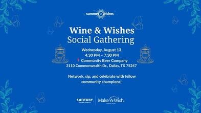 blue background with summer illustrations and Wine & Wishes Dallas event information
