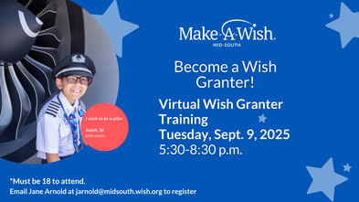 September volunteer training graphic on blue background featuring a wish child 