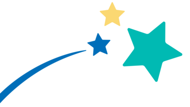White background with blue, teal and yellow stars