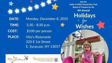 2025 Holidays for Wishes invite blue with wish kid Mia on her playset