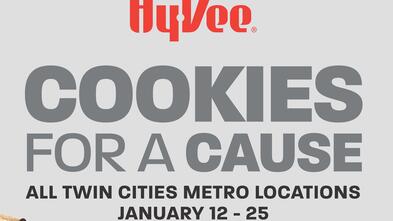 Poster for Cookies for A Cause with text and Hyvee logo