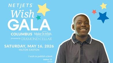 Promotional graphic for the NetJets Wish Gala in Columbus, Ohio, featuring a smiling Black boy, Joshua, who wishes to publish a book, with the gala details on a light blue background, stars, and Make-A-Wish and Diamond Cellar logos.