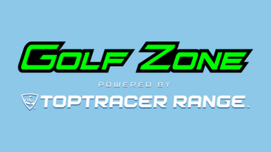 Golf zone logo in front of a light blue background