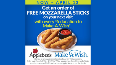 Applebees Flyer Free Mozzarella sticks with donation