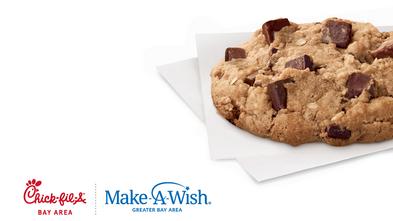 Chocolate chip cookie with Chick-fil-A and Make-A-Wish logos
