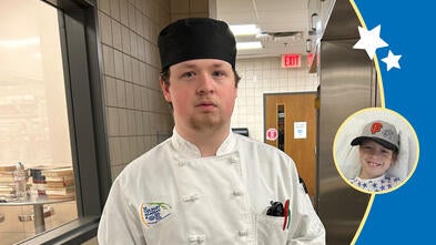 wish alum Ben in his culinary school attire at Contra Costa College with a photo of Ben from 2017 in the right hand corner
