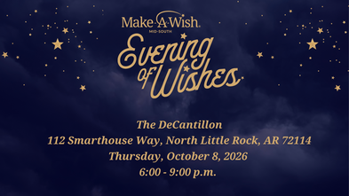 Evening of Wishes digital banner with information on blue background. Thursday, October 8, 2026 from 6-9