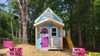 Rachel's new playhouse is decorated for her wish day.
