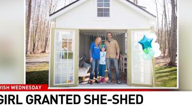 Mamie and her parents stand tegether in the entrance of her new She Shed