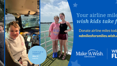 Photos of wish child on trip to singapore. Copy says Your airline miles can help wish kids take flight. Donate airline miles today at ndmilesforsmiles.wish.org