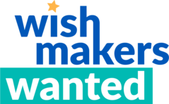 Logo with text "wish makers wanted" in blue and white, with a yellow star above the word "wish" and a teal bar below the words "wish makers" containing the word "wanted".