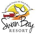 Swan Bay logo, swan with camper, orange red white and black