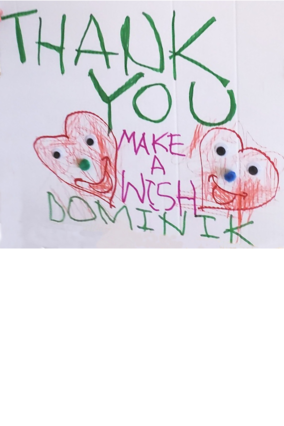 A colorful thank you drawing by Dominik with hearts and a message that says, "Thank you Make-A-Wish"