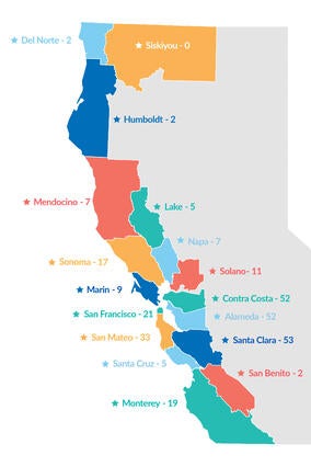 map of Make-A-Wish Greater Bay Area counties with the number of wishes granted by county