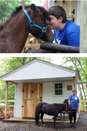 Photo of Maddie with one of her mini horses and of Maddie outside of the small white barn she received for her wish