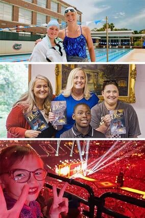 A vertical stack of three photos. On top is wish kid Laura standing poolside with Olympian Katie Ledecky. Below that is a photo of wish kid Joshua posing happily with several of his teachers who are holding copies of his book. AT the bottom is a selfie of a wish kid smiling into the camera while attending a Taylor Swift concert which is visible in the background.