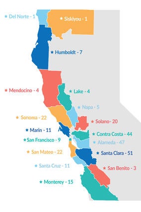 map of Make-A-Wish Greater Bay Area counties with the number of wishes granted by county