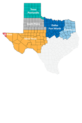 Map of Texas showing the regions served by Make-A-Wish North Texas including Dallas, Fort Worth, East Texas, Texas Panhandle, South Plains, West Texas, and El Paso