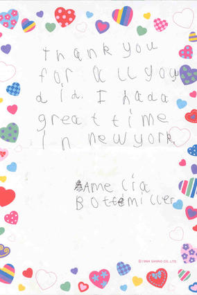 Letter from Amelia in 2002 after her wish that says "thank you for all you did, I had a great time in New York - Amelia"