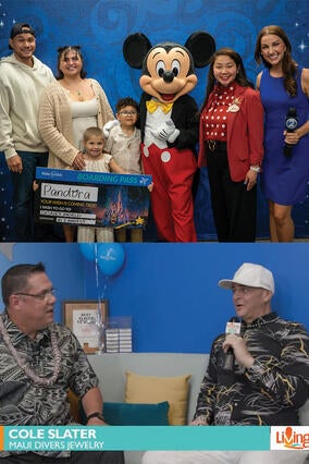Pandora receiving her wish from Mickey Mouse; Cole Slater from Maui Divers Jewelry getting interviewed
