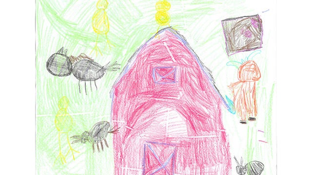 A crayon drawing of a red barn with animals around it