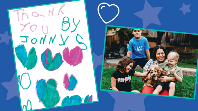 Jonny's artwork and photo of family with puppy