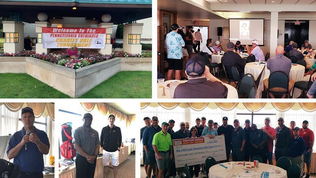 Pictured on the top left is a photo banner of the Pennsylvania Chemicals golf tournament. On the bottom left are guests and speakers at the event. On the top right, attendees watch a thank you video from wish kid Chloe. On the bottom right, members of the golf committee hold up there donation to wish granting.