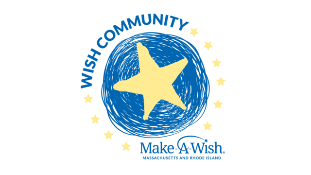 A drawing by a child, depicting a yellow star in the middle of the blue planet, with smaller yellow stars encircling the planet. The words "Wish Community" are included as is the Make-A-Wish Massachusetts and Rhode Island logo.