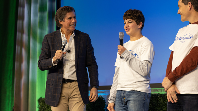 Wish kid Ethan speaking at the 1000th wish celebration 