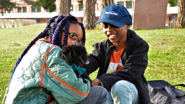 wish kid Bryce and his sister with Toy Poodle puppy, Bear