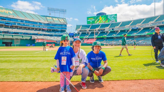 Wish kid, Penny, wish mom, Andrea, and wish kid, Stevie, on the field.