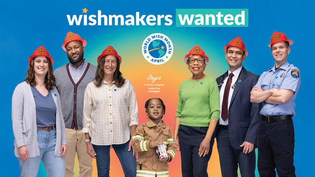WishMakers Wanted text above group of people in firefighter hats surrounding wish kid Jace