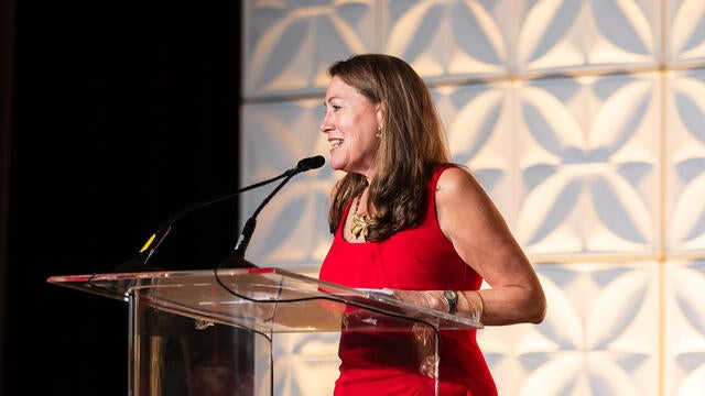 Make-A-Wish Greater Bay Area CEO Betsy Biern gives her address at 2024 Evening of Wishes: Birthday Bash. 