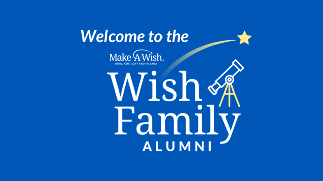 Text reads Welcome to the Wish Family Alumni with shooting star over a telescope