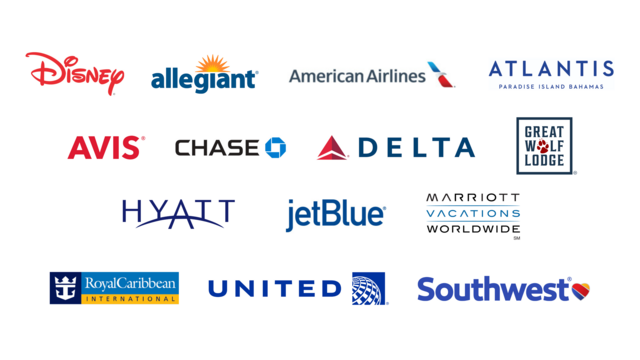 Logos for Disney, Allegiant, American, Atlantis, Avis, Chase, Delta, Great Wolf Lodge, Hyatt, JetBlue, Marriott Vacations, Royal Caribbean, United and Southwest