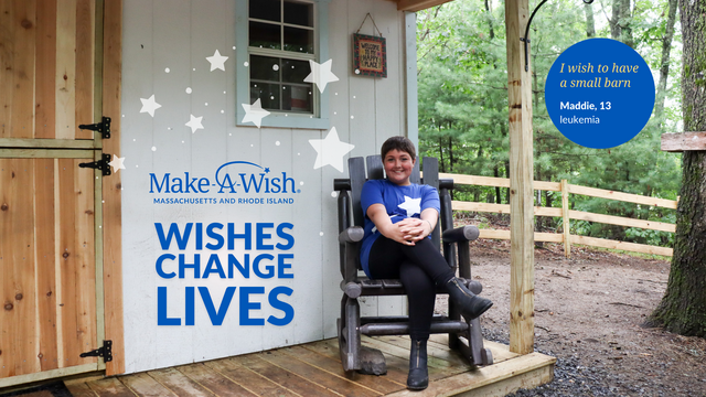 Wishes Change Lives - photo of wish kid Maddie sitting in a rocking chair on the porch of the small barn she wished for