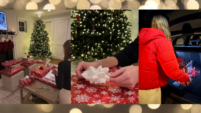 Photos of Emma wrapping gifts and packing them in the car for delivery