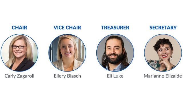 Chair - Carly Zagaroli, Vice Chair - Ellery Blasch, Treasurer - Eli Luke, Secretary - Marianne Elizalde