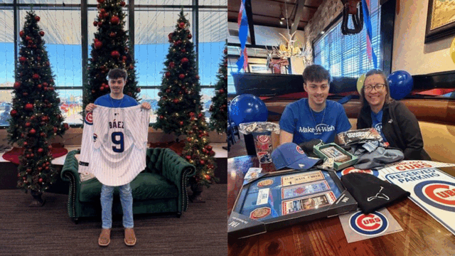 Andrew with his cowboy boots and Cubs gear
