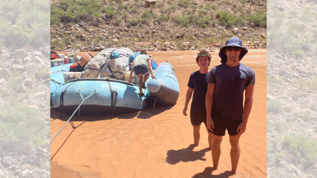 Emlen and his brother in the Grand Canyon next to their raft