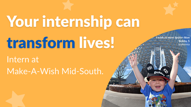 Internship graphic on orange background featuring wish kid Bobby on the right 