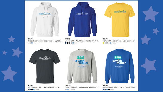 Sweatshirts and t-shirts with Make-A-Wish Greater Bay Area logo displayed in an online storefront