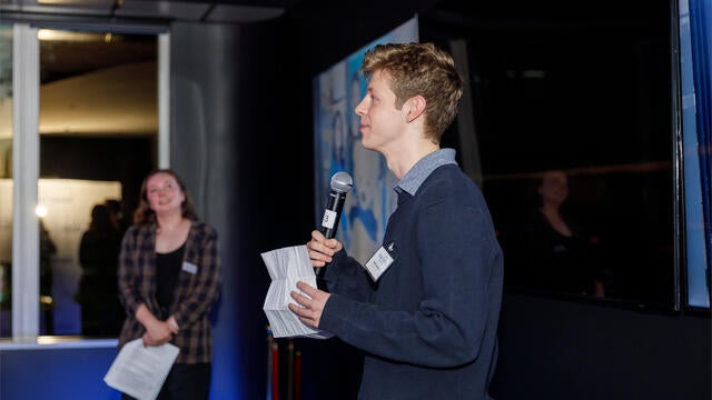 Youth Leadership Award winner Dylan Lachance speaking to the crowd at Corsair
